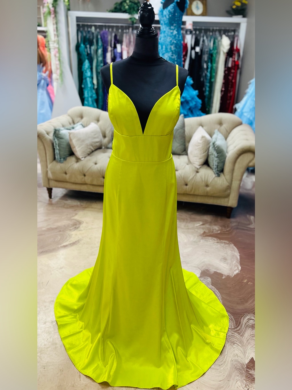 Lime Green Spaghetti Strap Evening Gown